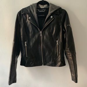 Faux Leather Moto Jacket with Hood